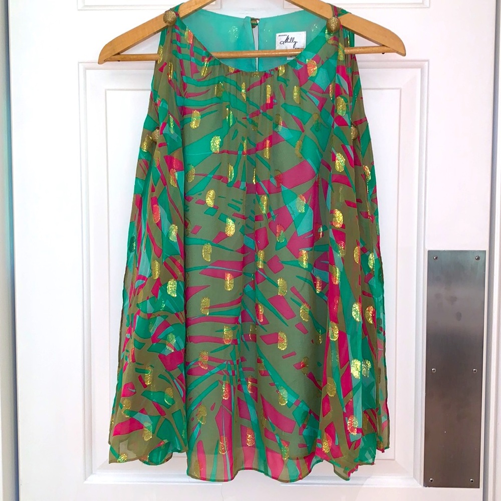 Milly New York Blouse Resort Silk Tropical Green Pink Gold Womens Size 6 - Picture 7 of 16